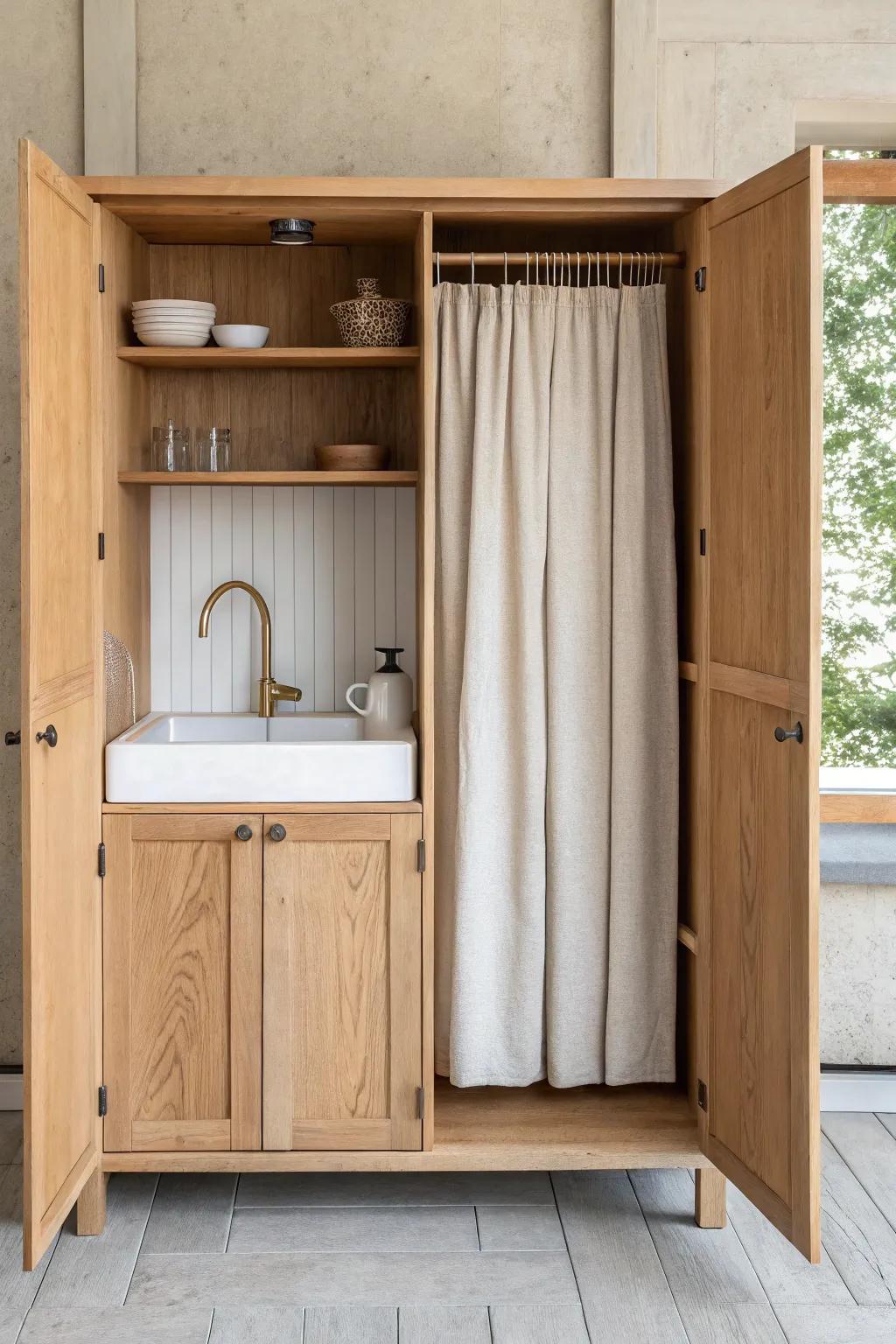 A micro kitchen that closes away—clean, calm, and perfect for tiny spaces.