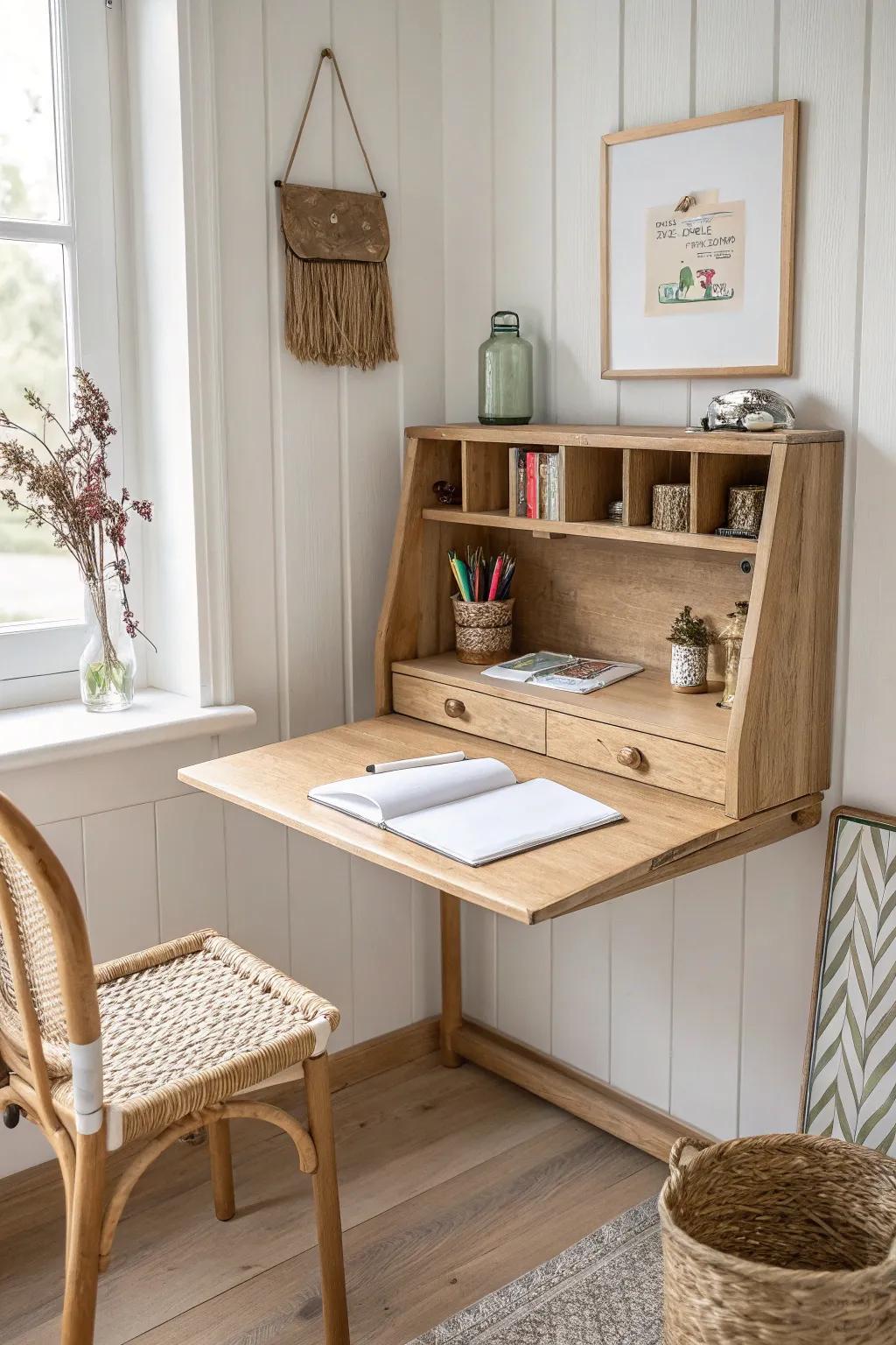 A fold-down wall desk creates a tidy craft corner—open for art, closed for play.