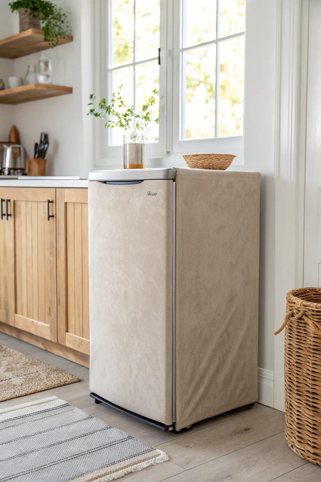 A matte removable fridge wrap that blends in—soft, calm, and perfect for tiny kitchens.