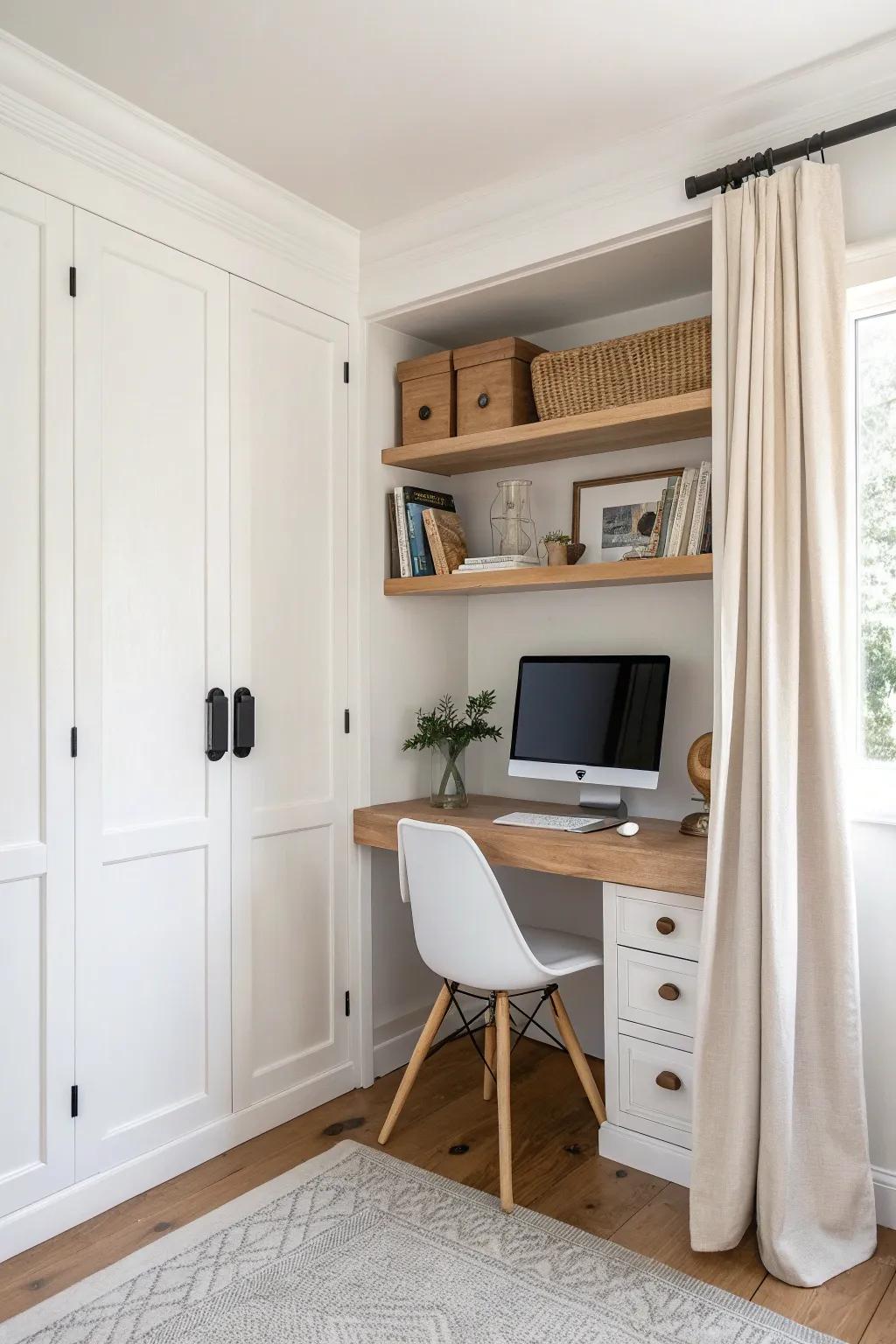 Turn a closet into a micro office: a floating oak shelf-desk you can close away instantly.