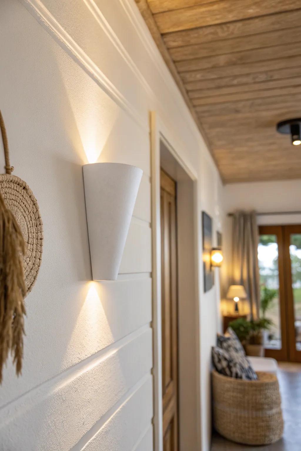 A gentle ceiling-wash sconce lifts the room, making a small lobby feel taller and airier.