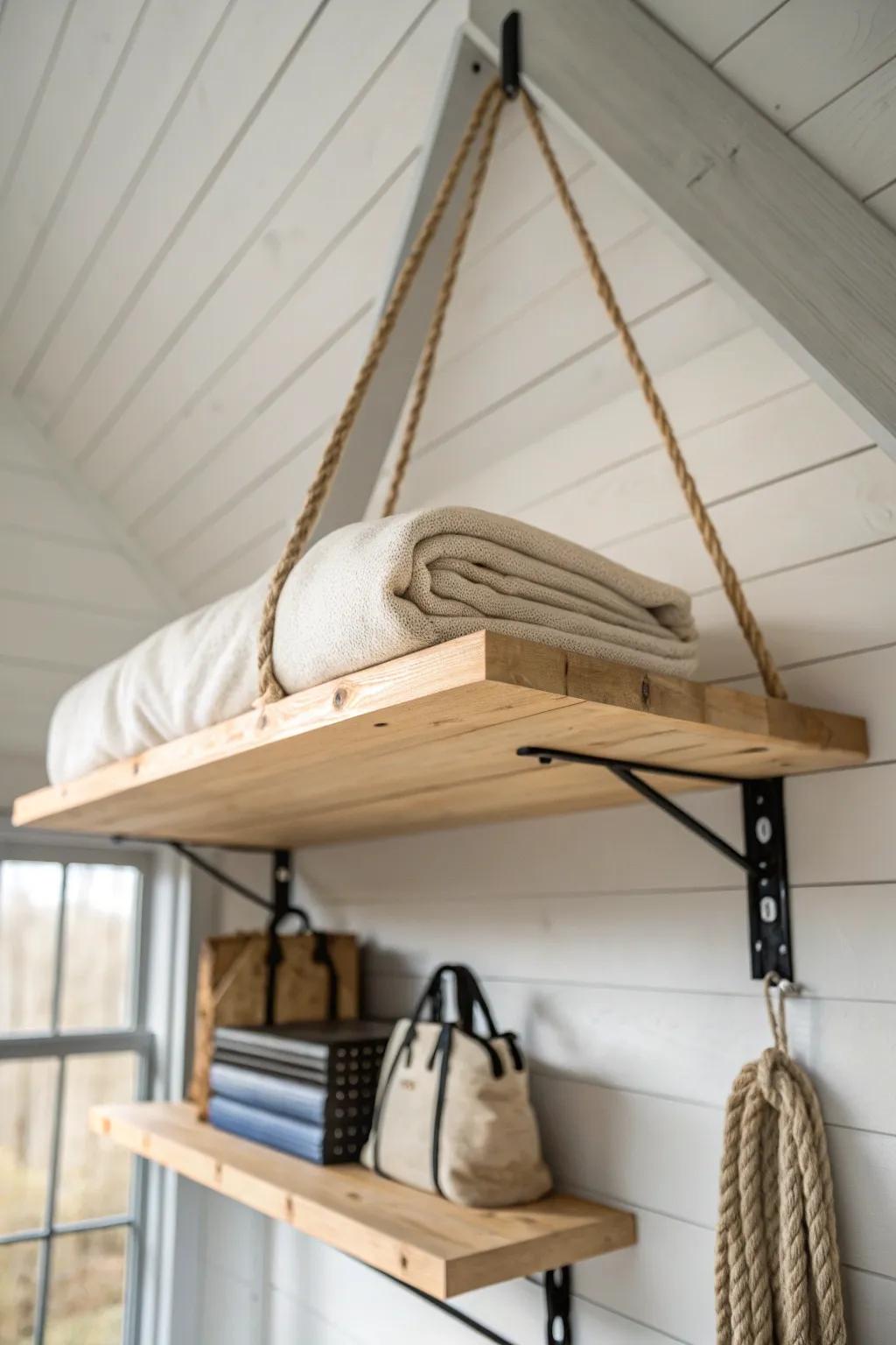 Ceiling loft storage keeps your shed man cave floor clear—minimal, warm wood, and tidy.