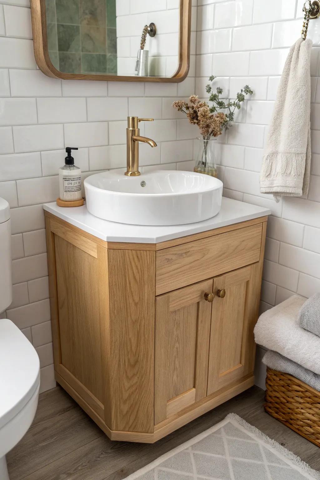 A corner sink vanity that clears the walkway—warm oak, clean lines, and smart storage.