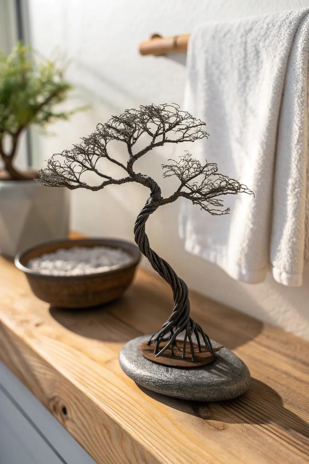 Bolt-and-wire bonsai on a smooth pebble—tiny sculpture, big calm, zero upkeep.