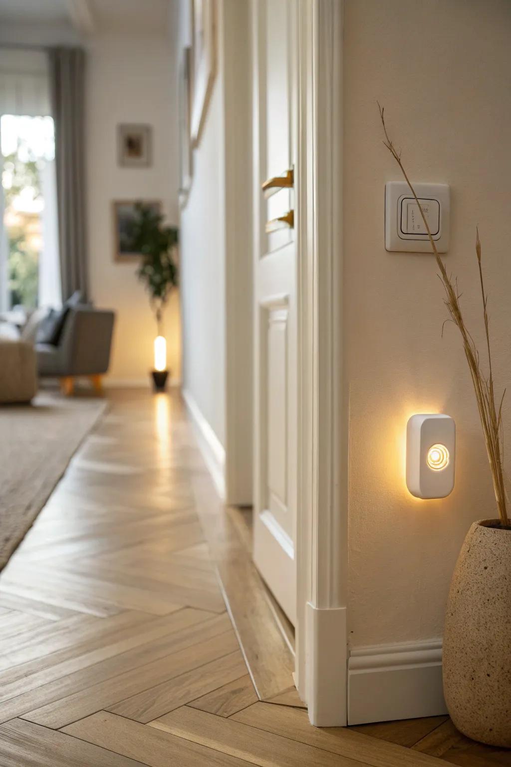 A warm motion-sensor night light adds luxe guidance in a narrow hallway—no harsh overhead glare.