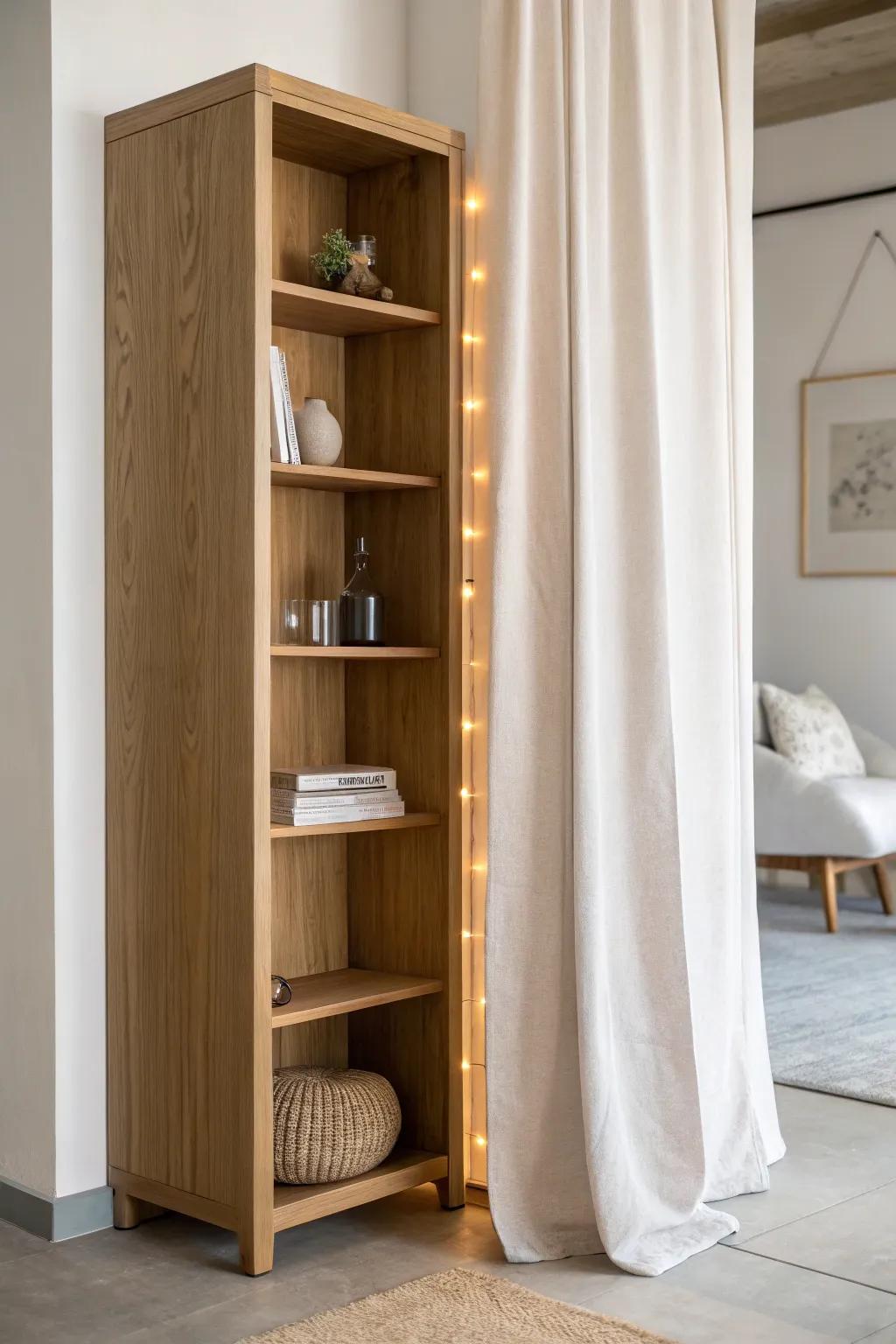 Secret hideaway nook behind shelves—linen curtain and warm glow for tiny-space magic.
