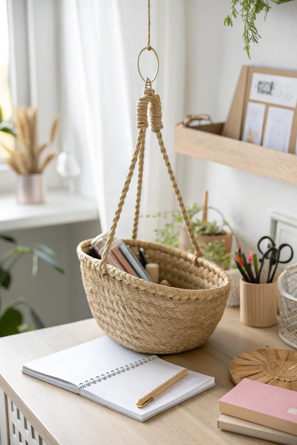 Let supplies float overhead—this ceiling-hung basket saves desk space and adds a wow moment.