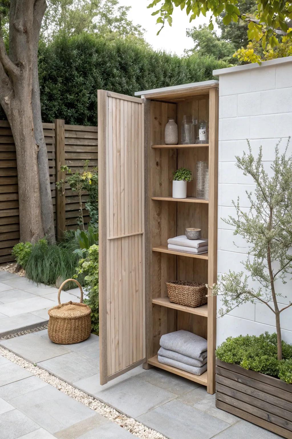 A secret bookshelf wall that swings open to reveal a hidden outdoor bathroom—minimal, magical, private.