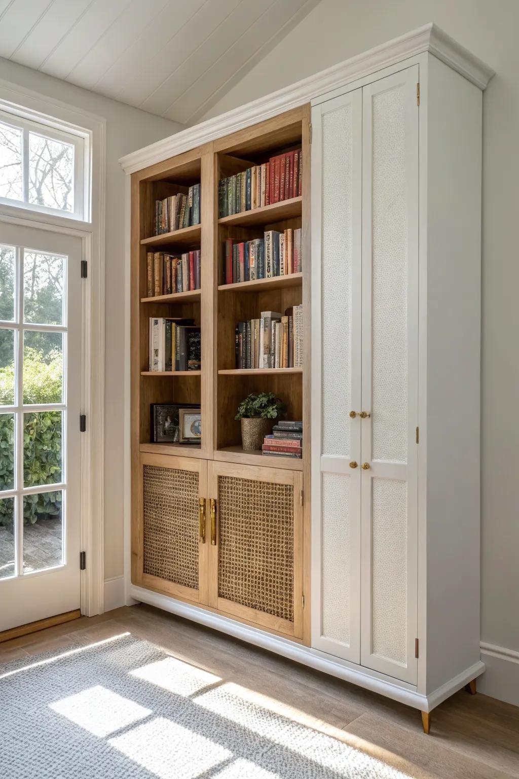 A hidden cabinet library wall: books tucked behind doors for an instant calm, minimalist room.
