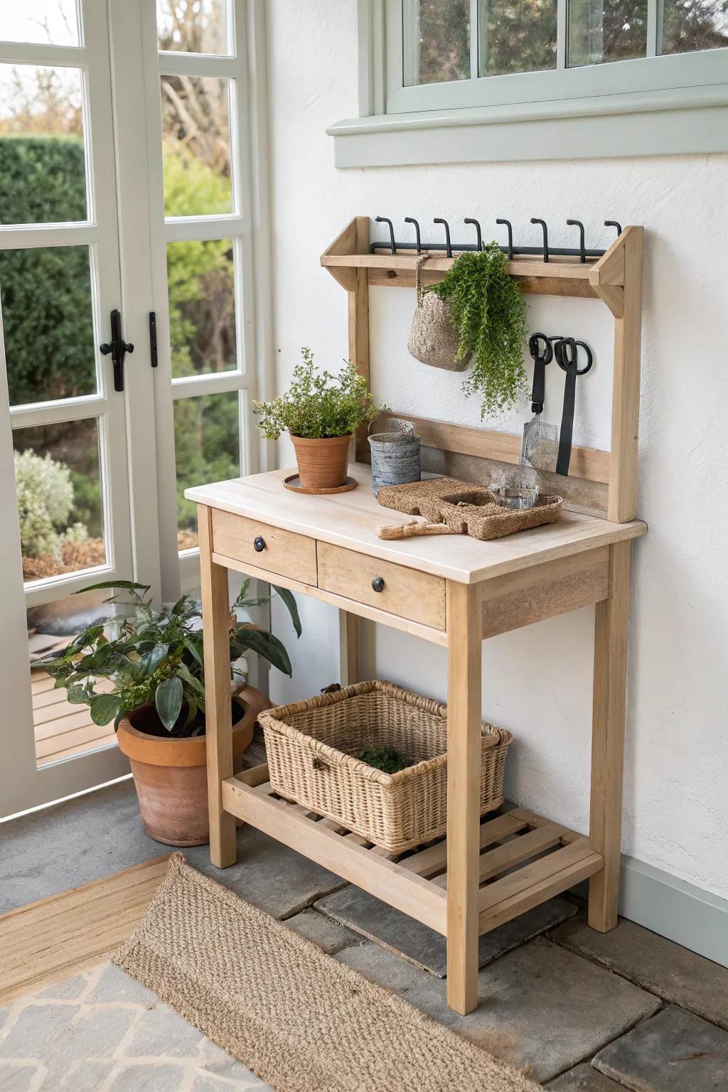 A slim rustic potting bench turns a tiny sunroom wall into a calm, organized plant station.