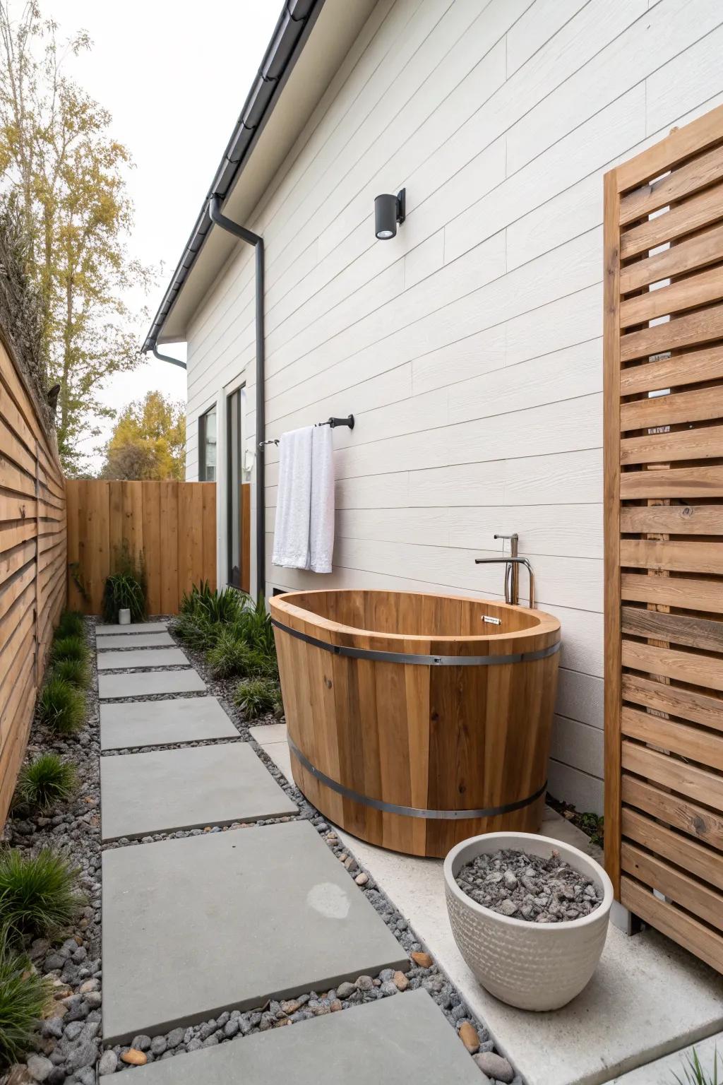 A cedar plunge tub brings boutique-spa calm to a skinny side yard patio—minimal, warm, serene.