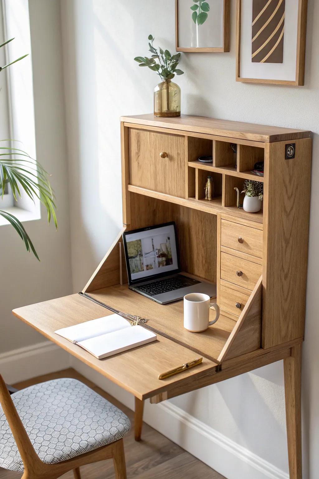 A fold-down wall station that becomes desk, dining spot, or project table—then disappears.
