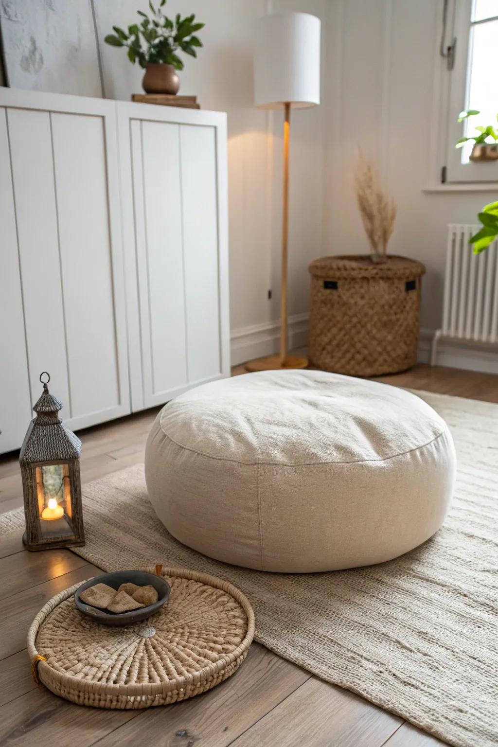A calm spare room reset: one cozy meditation cushion, soft layered light, and hidden storage.