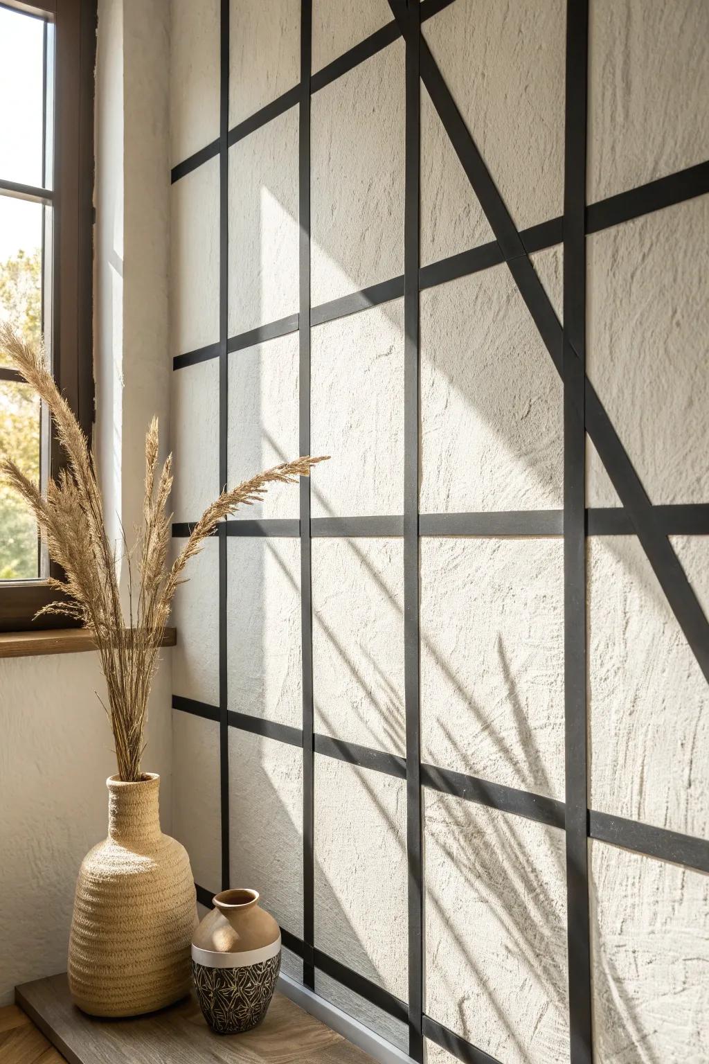 DIY tape-grid wall art: minimalist geometry that looks like a custom mural on a tiny wall.