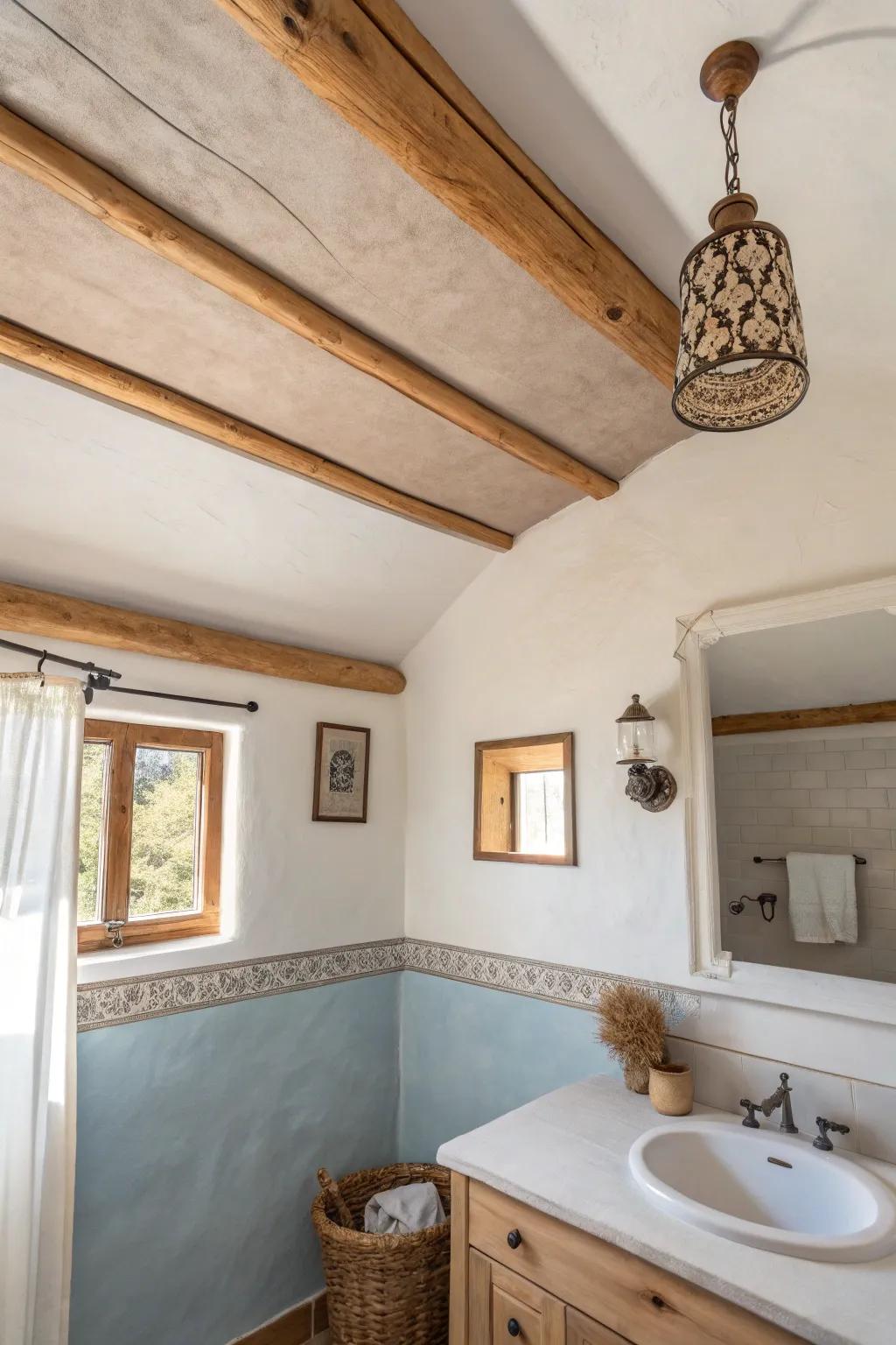 Paint the ceiling a soft desert-sky blue for a bold wow in a tiny western bathroom.