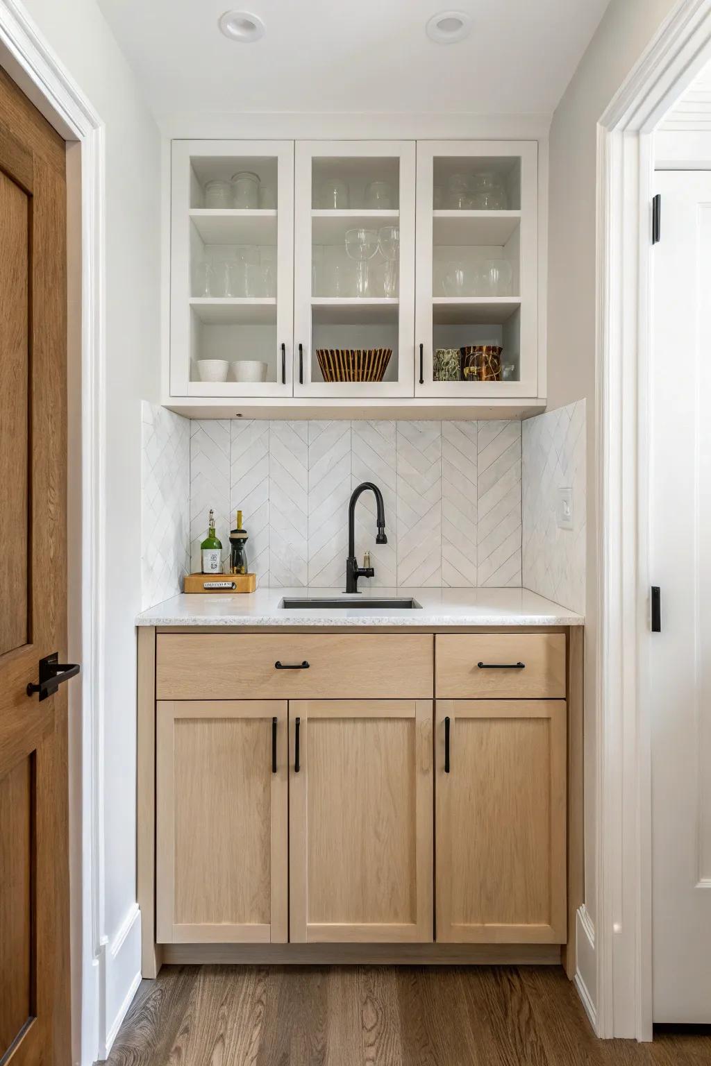 Two-tone wet bar + wallpapered ceiling: a small-space nook that feels like a boutique lounge.
