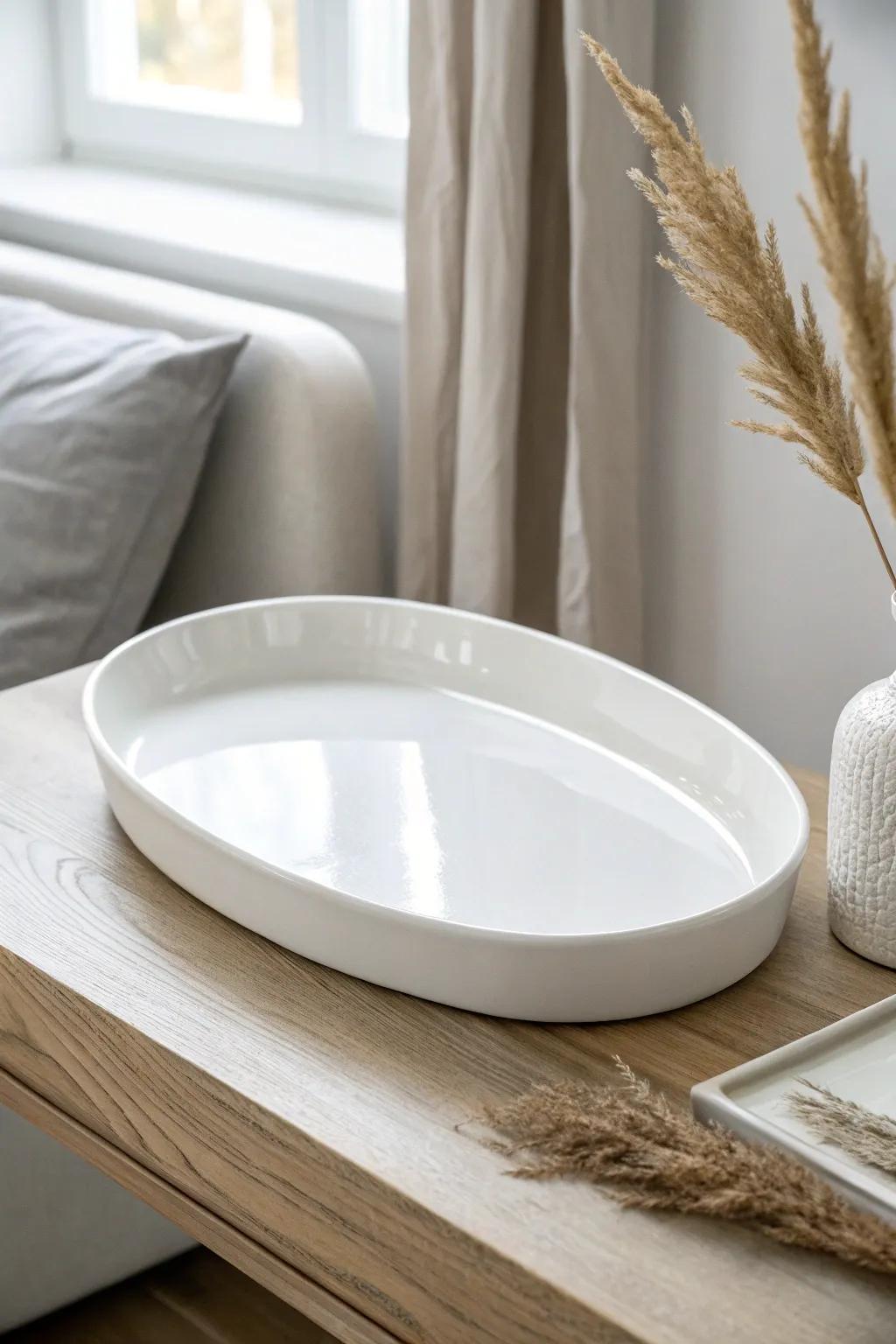 A single glossy white tray adds sparkle and depth, making a small white living room feel styled.