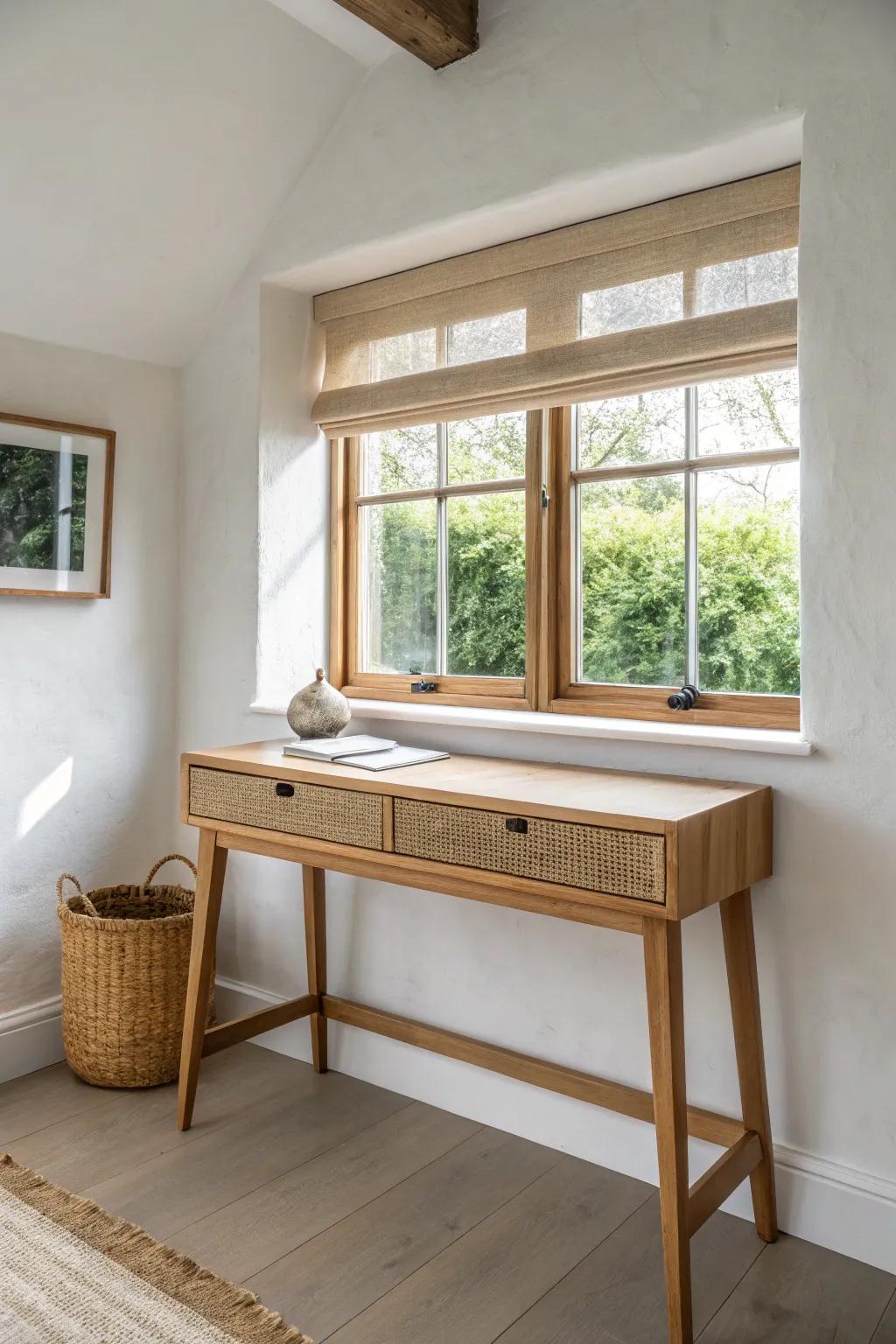 Anchor a small window with a slim console desk—instant function and a styled vignette.