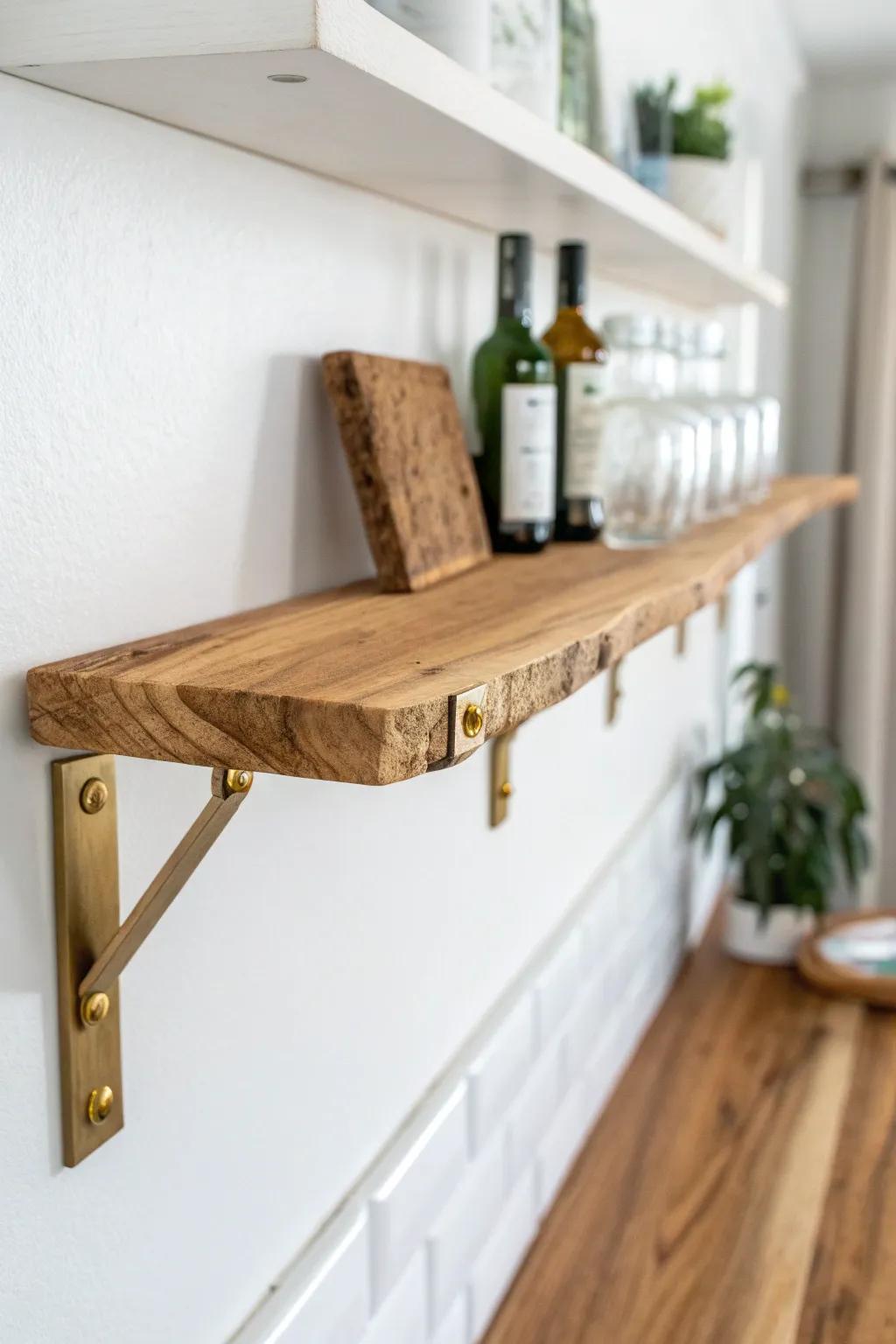 A fold-down live-edge slab micro bar shelf—custom, compact, and beautifully minimal.