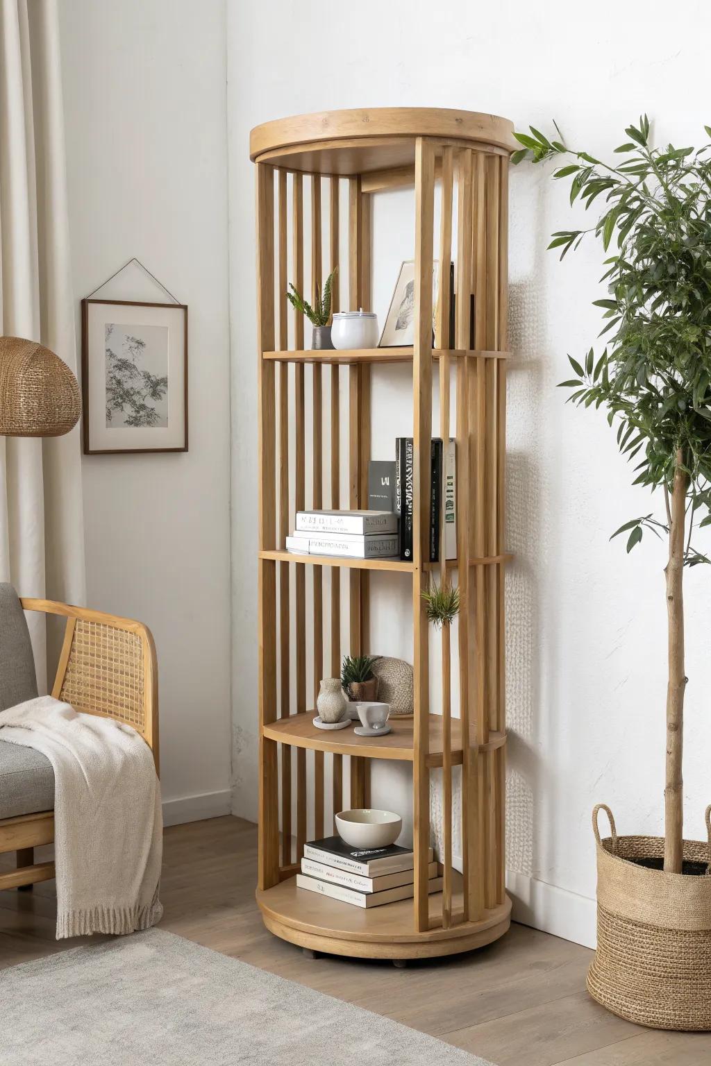 A rotating bookshelf divider that stores on both sides and swings open to reshape your space.
