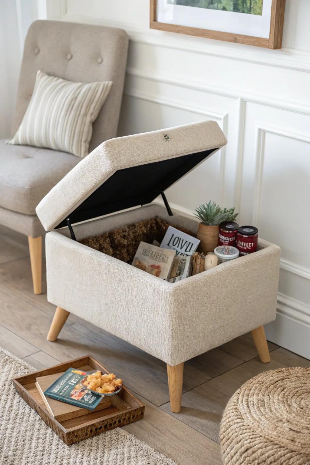 Hide movie-night snacks in a chic storage ottoman—cozy, clutter-free small-space living.