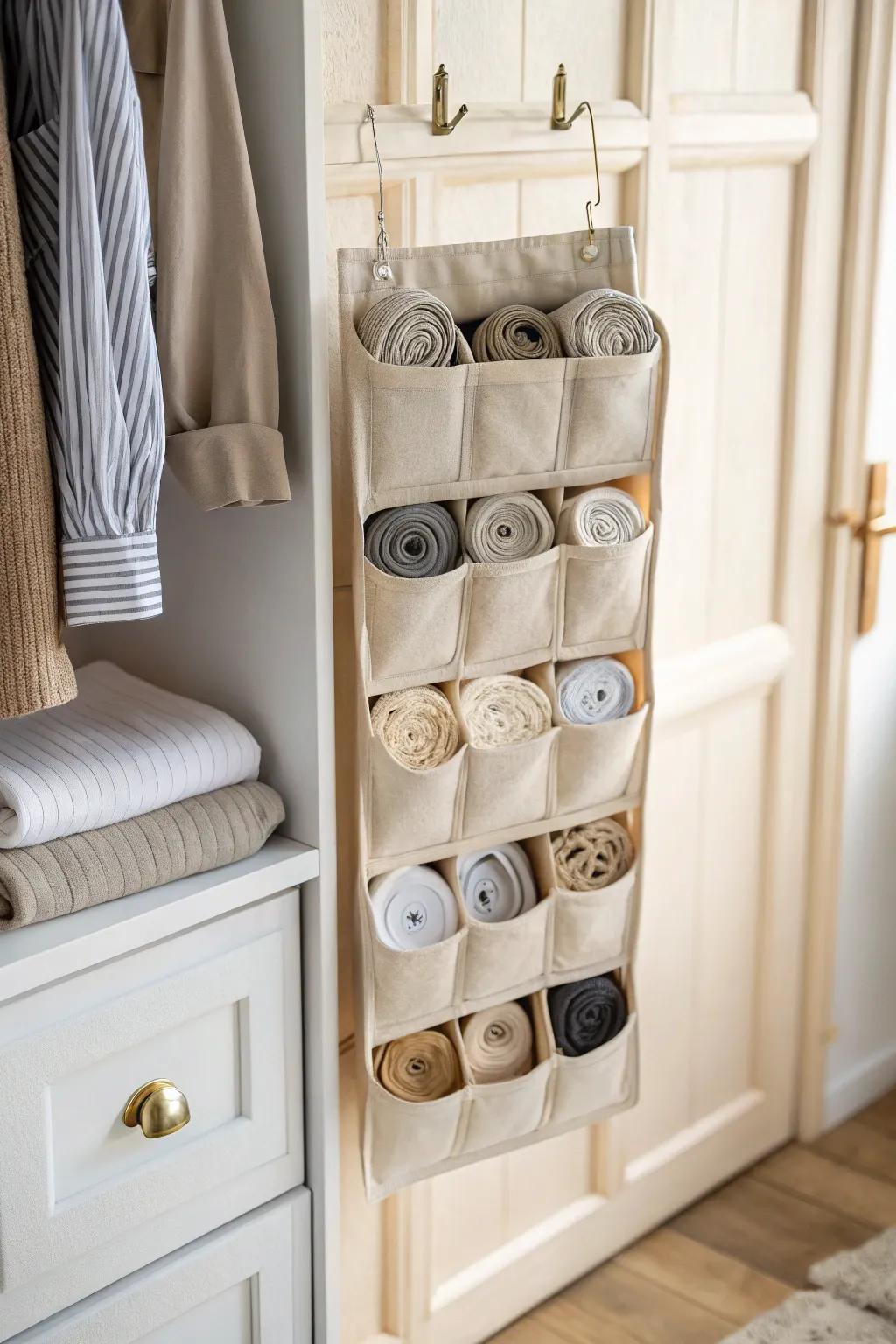 Turn any closet door into a mini dresser—rolled basics fit perfectly in door cubbies.