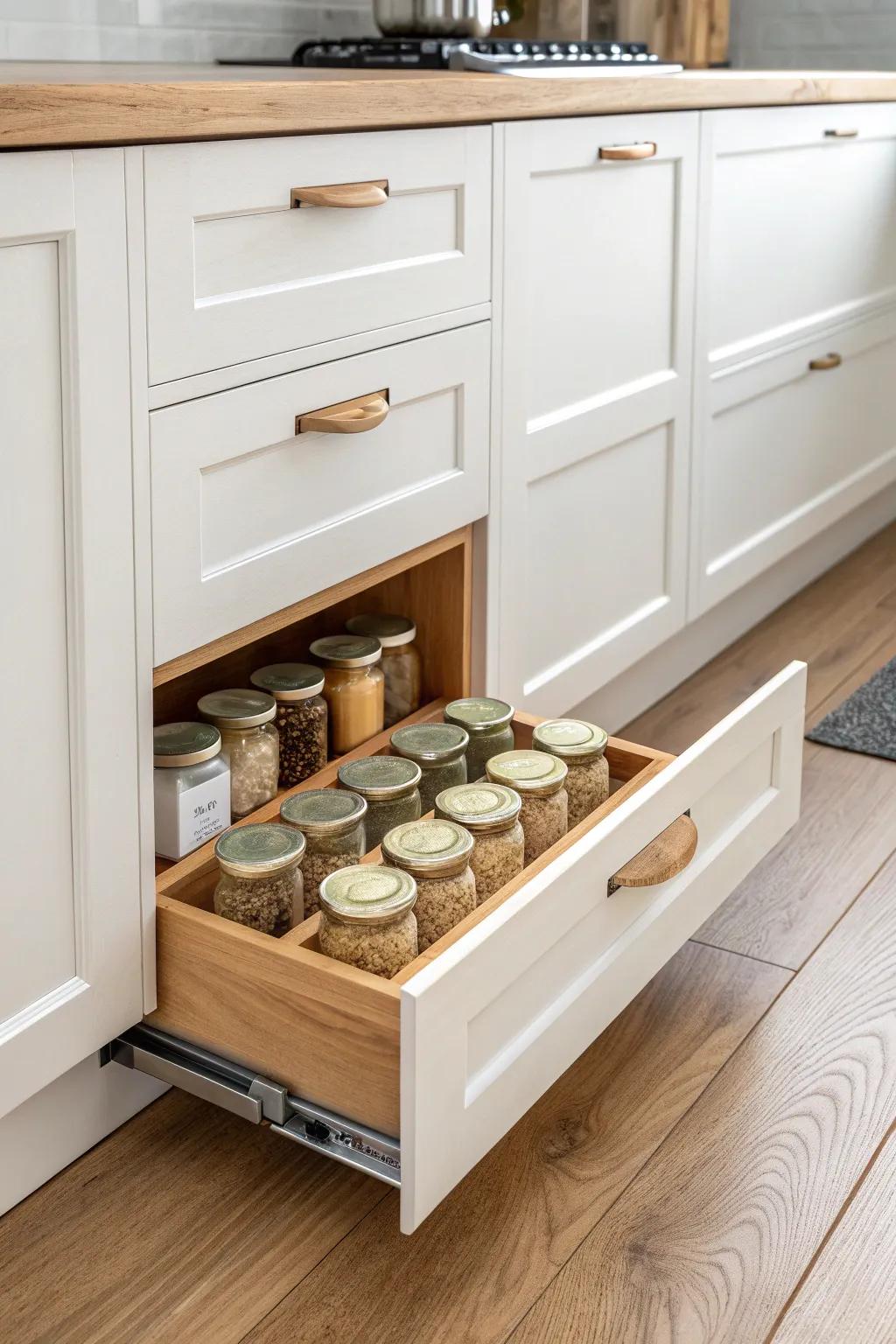 A hidden toe-kick spice drawer keeps small kitchens calm—perfect for backups and extras.