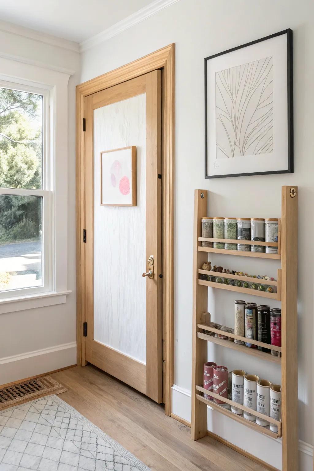 A hidden art-frame door that swings open to reveal a sleek, space-saving spray paint rack.