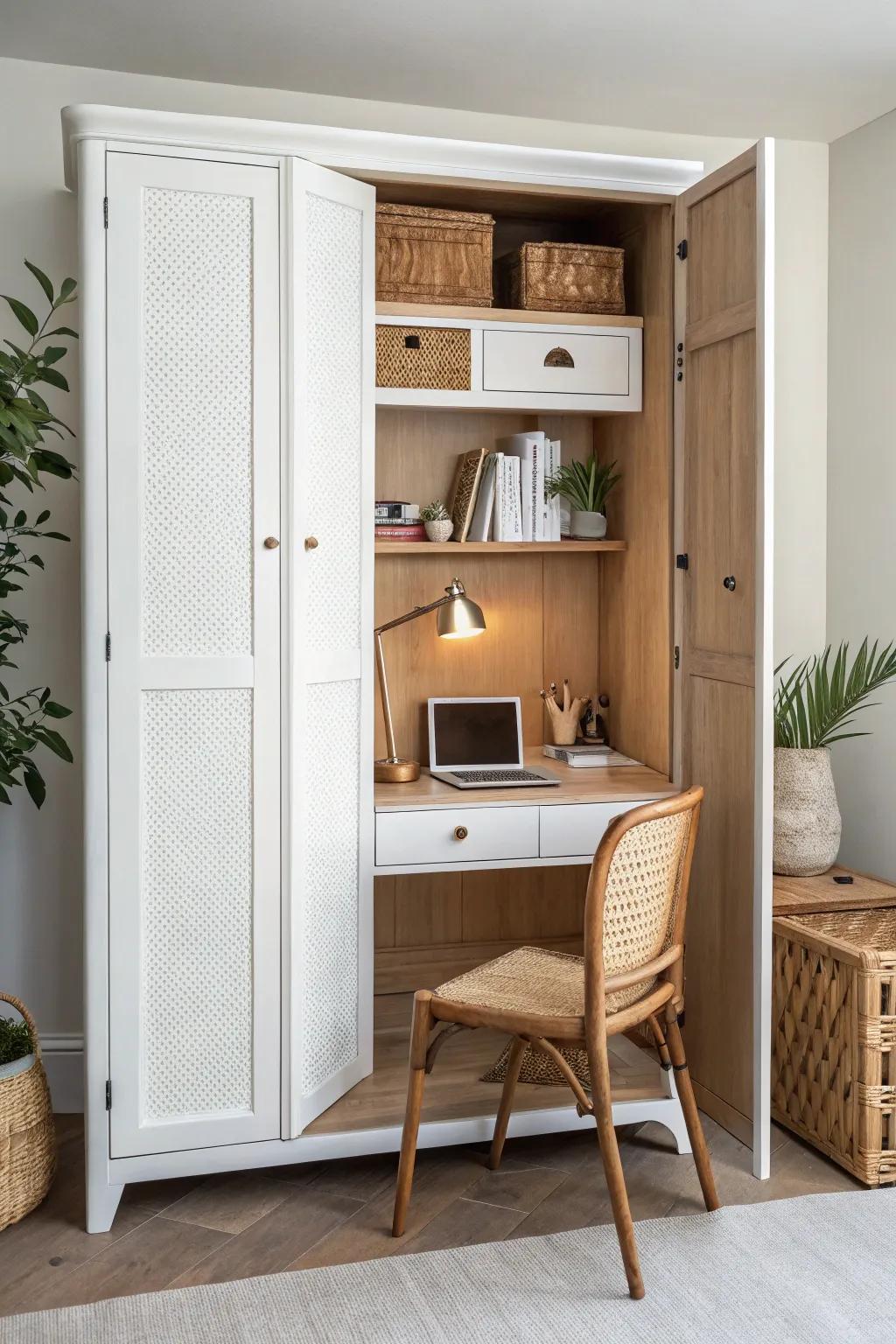 Closet-style office cabinet: open it to study, close the doors to instantly calm your living room.