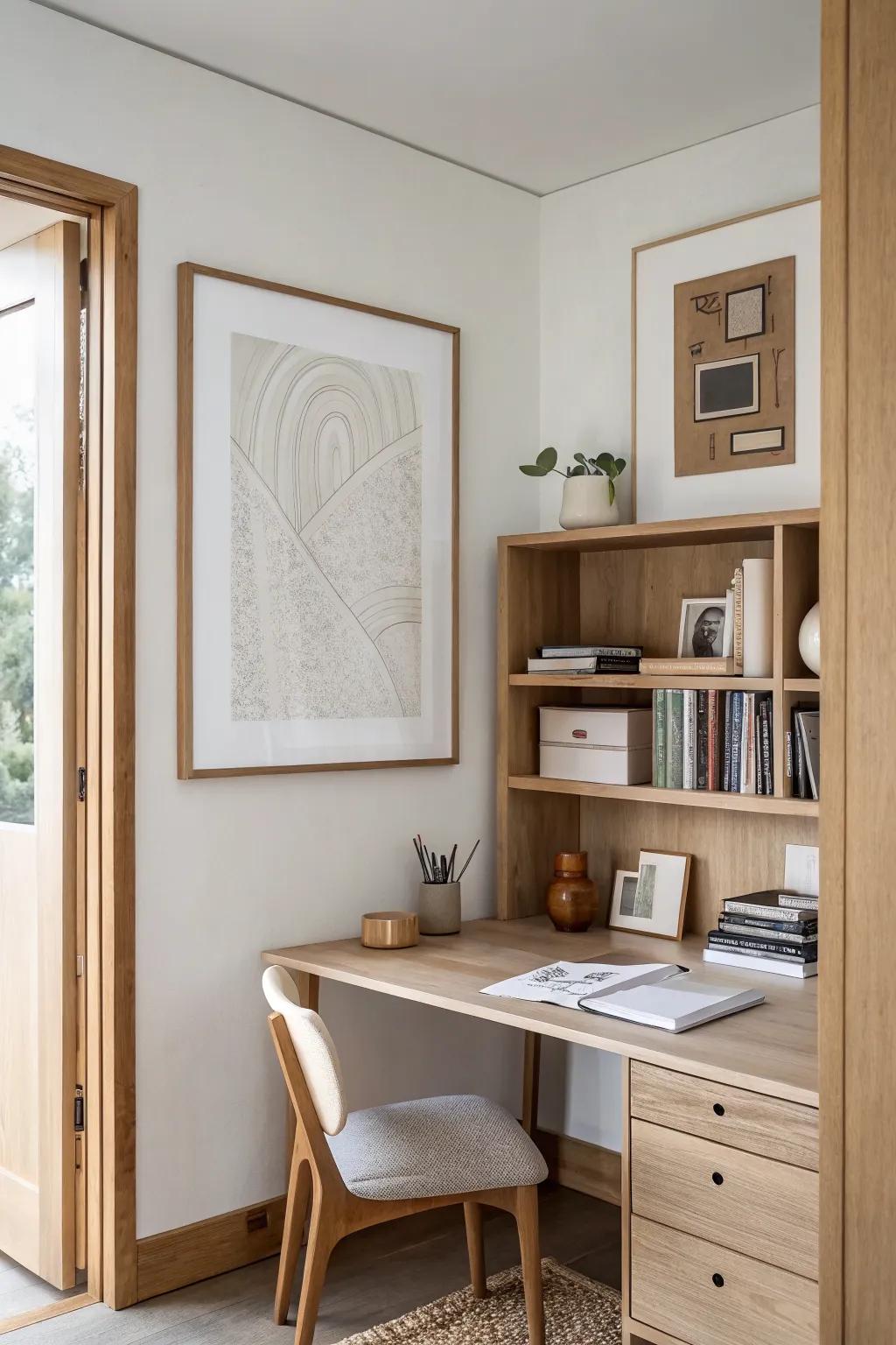 A hinged art panel swings open to reveal a hidden study nook—small-space magic, always tidy.
