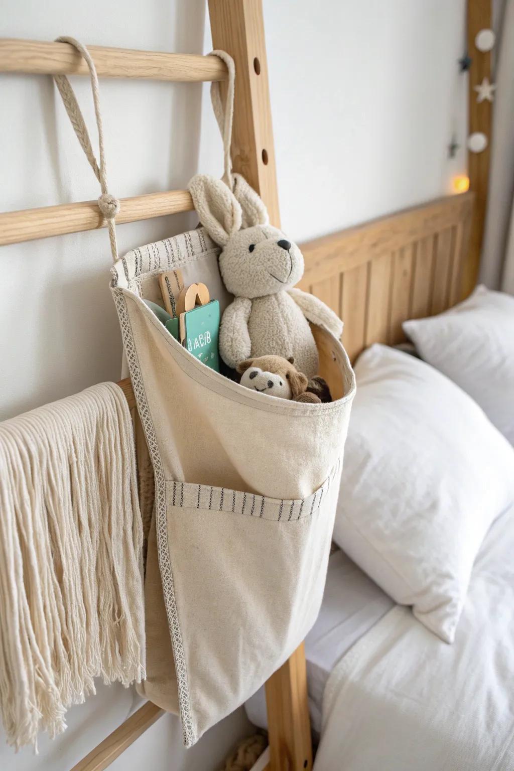 A hidden behind-the-headboard sling keeps favorite plushies tidy in the coziest way.