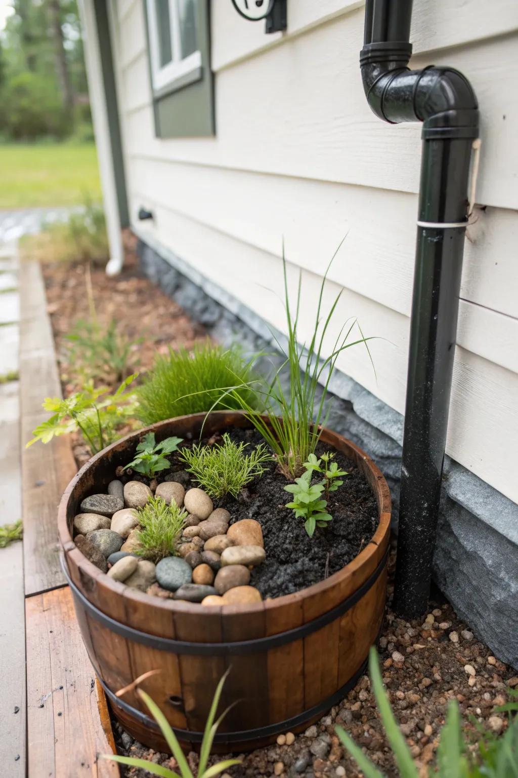 A mini rain garden under the downspout turns roof runoff into a charming tiny-home feature.