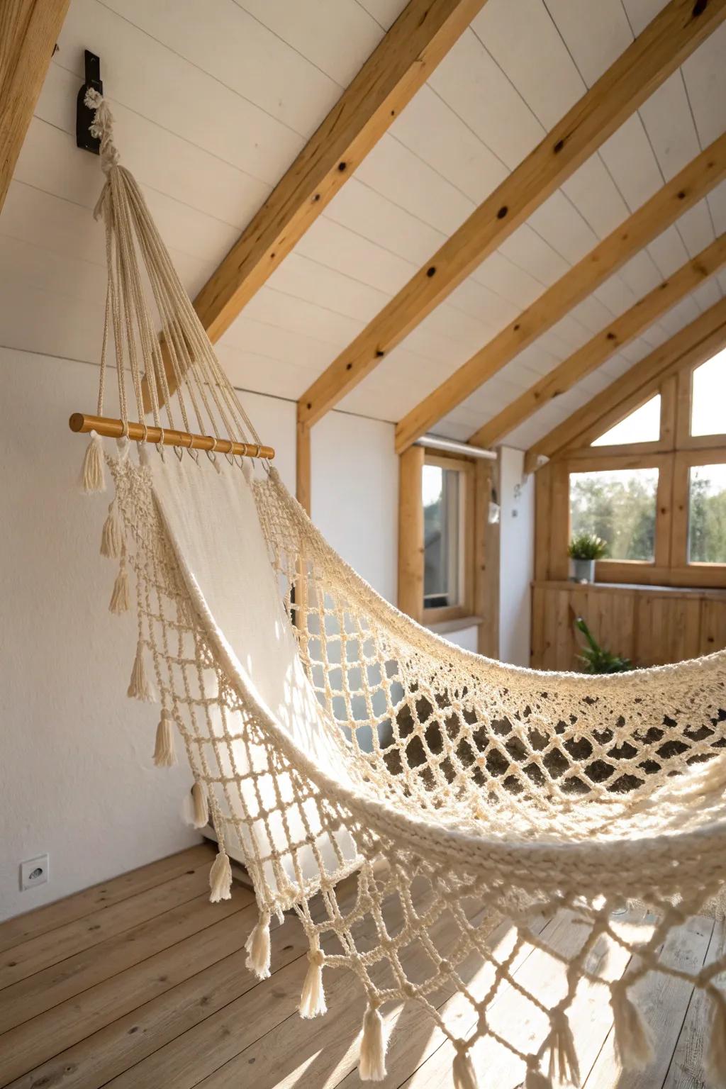 A dreamy net loft lounge adds a weightless reading nook to tiny houses—no bulky furniture needed.