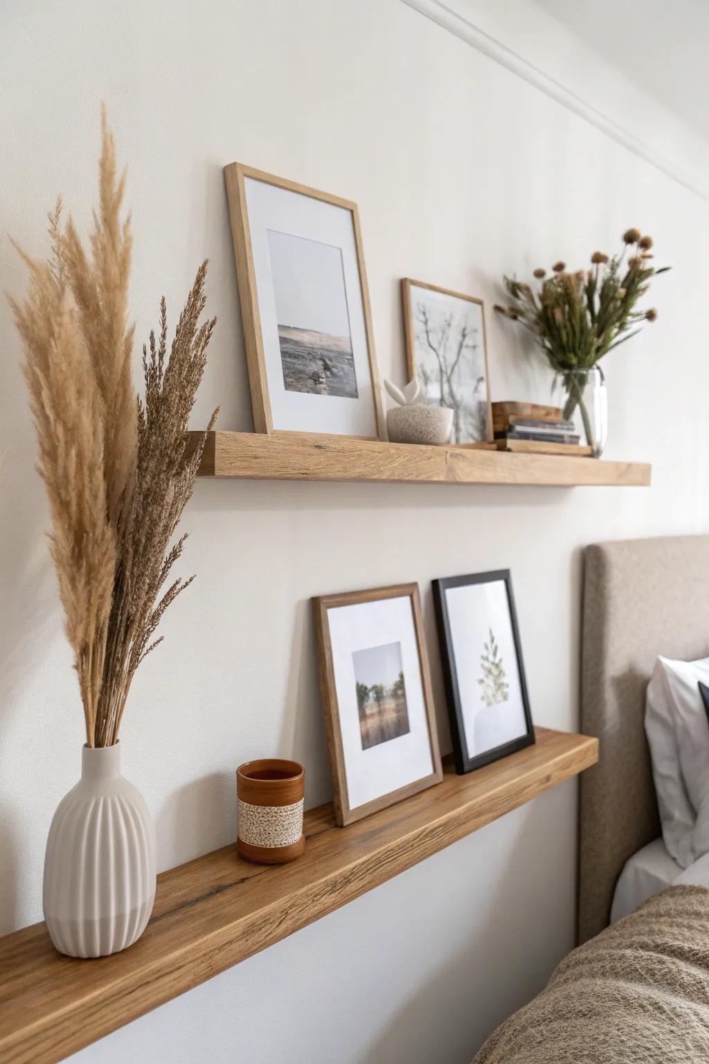 A slim picture ledge adds rotating art and greenery—styled walls, zero floor space used.