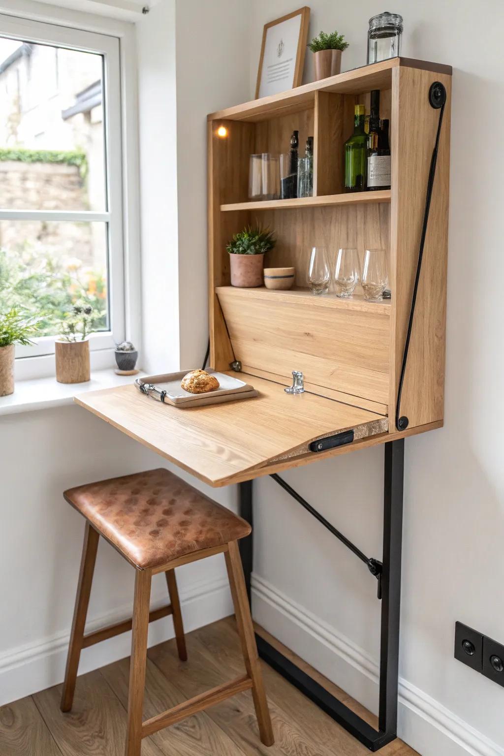 Fold-down oak bar top: a tiny-space happy-hour station that disappears in seconds.