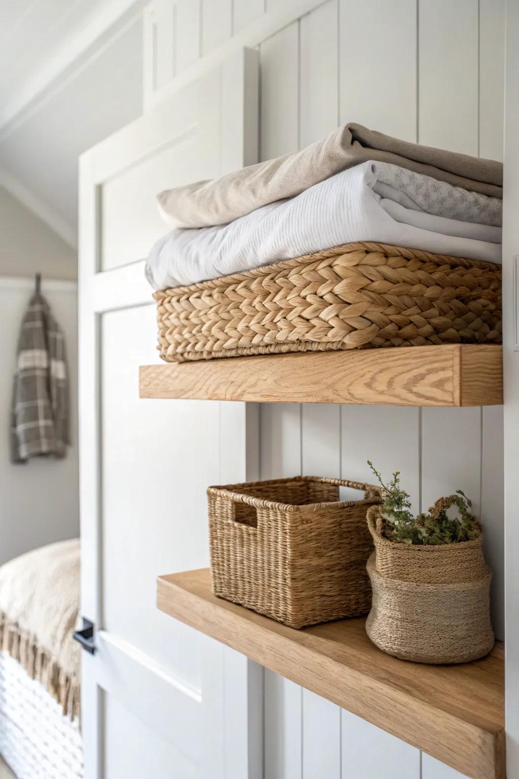 A hidden over-door shelf adds instant storage for linens—without taking up any floor space.