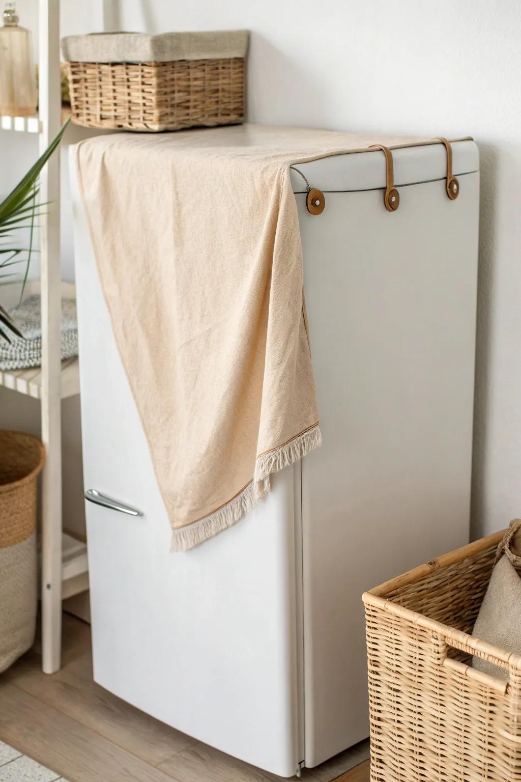 Hide clutter on top of the fridge with a simple linen panel for a calm, cohesive look.