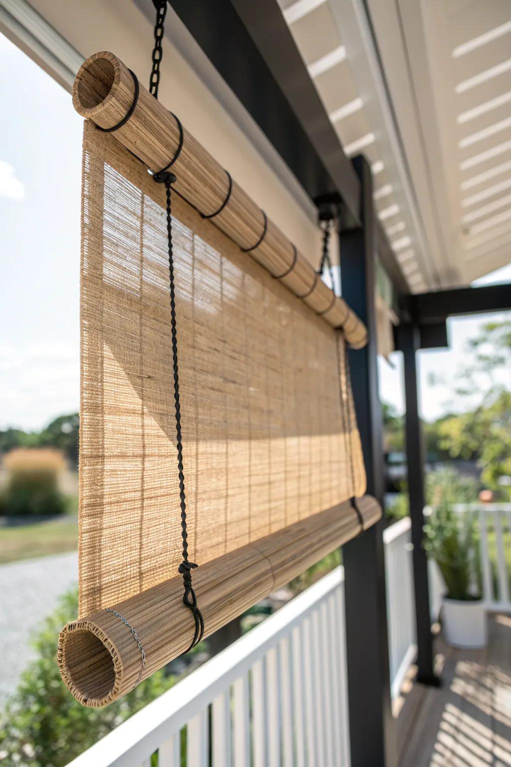 Roll-down bamboo shades add adjustable deck privacy with warm, minimalist Scandinavian style.