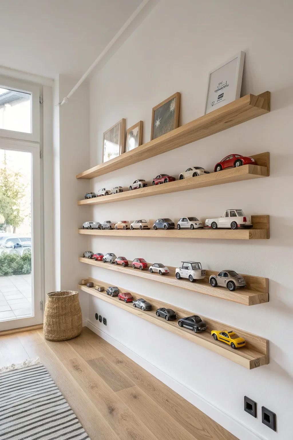 Wall-mounted toy car “parking” shelves: tidy storage that doubles as charming wall decor.