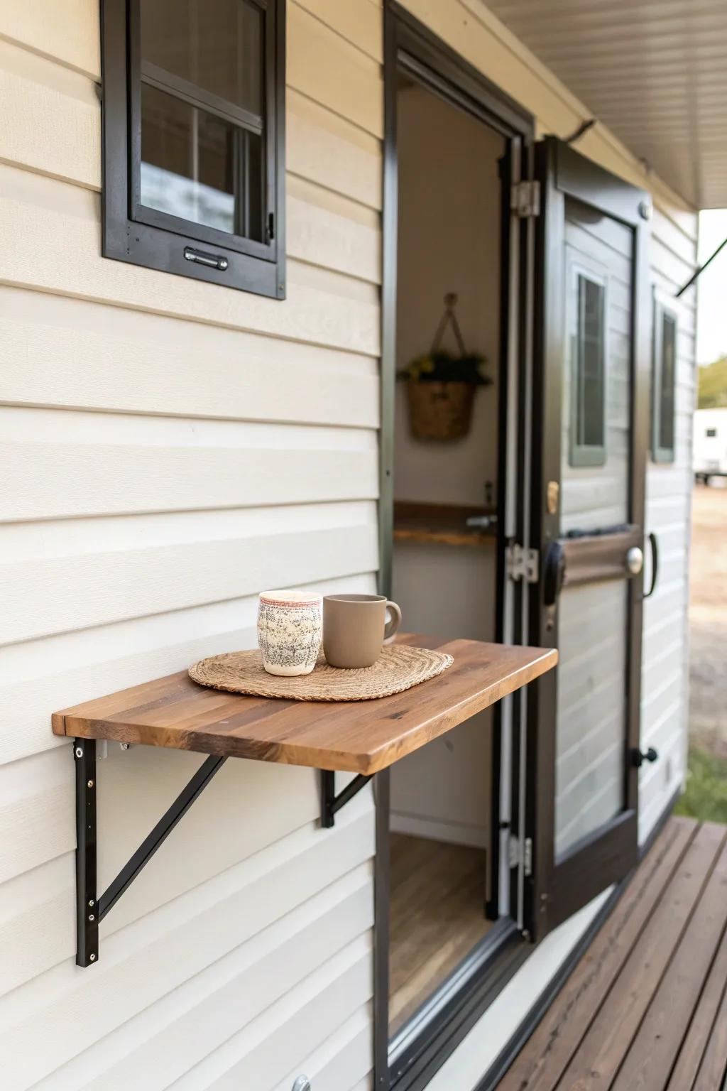 Space-saving fold-down wall table for a trailer porch—coffee-ready without crowding the walkway.