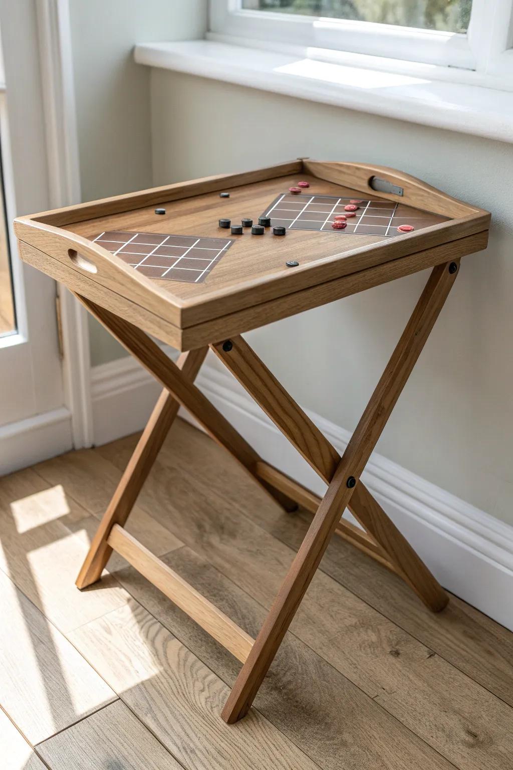 Foldable TV tray with a hand-painted game grid—built-in fun that tucks away for small spaces.