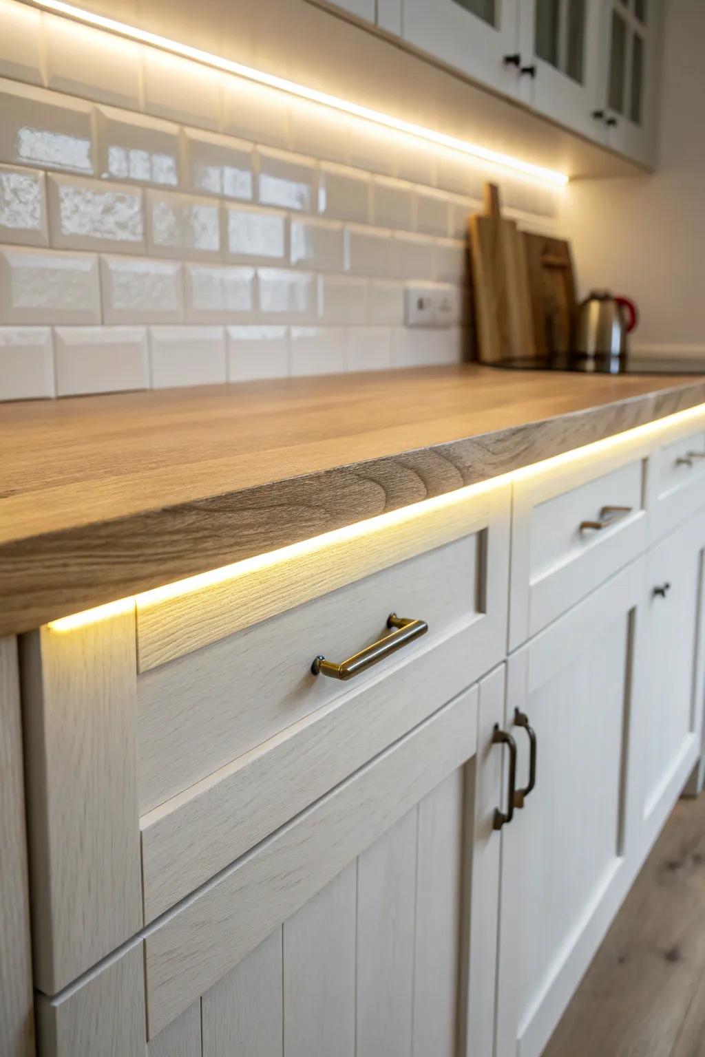 A bold modern surprise: edge-lit under-cabinet panels that look like a floating sheet of light.