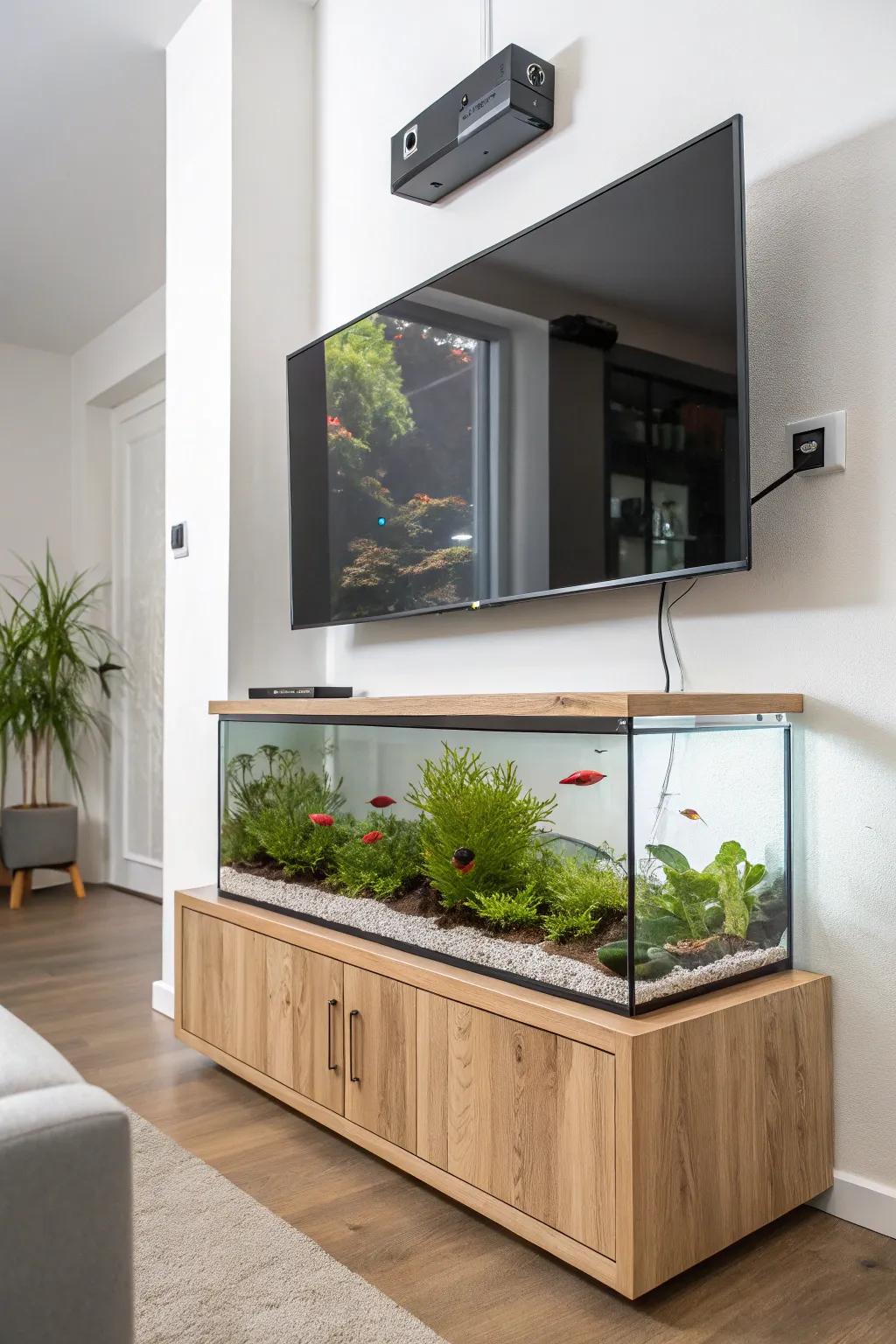 A sleek aquarium under the TV—living art with calm Scandi lines and soft boho warmth.