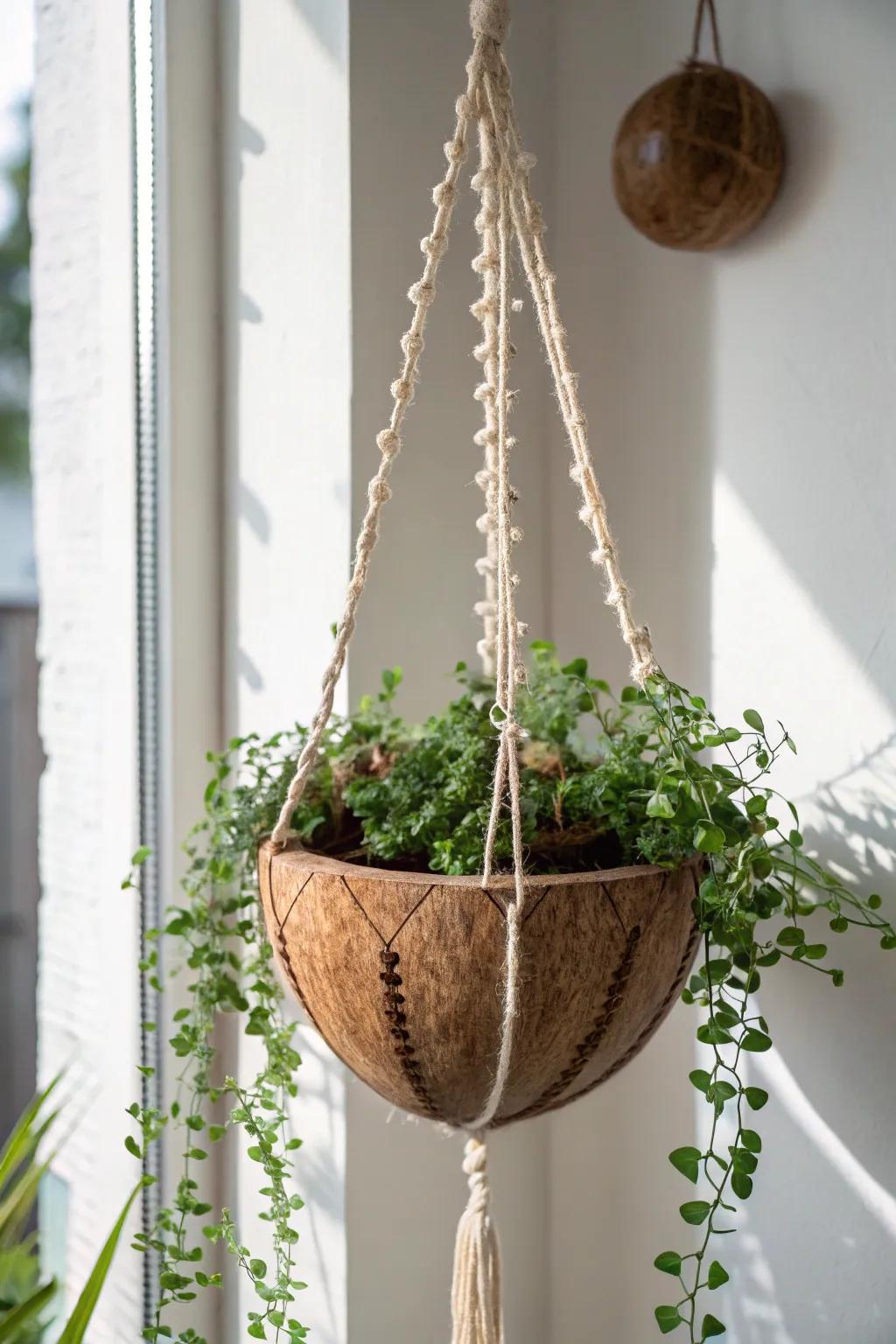 A coconut shell hanging pot adds warm, collected texture—perfect for tiny balcony herbs.