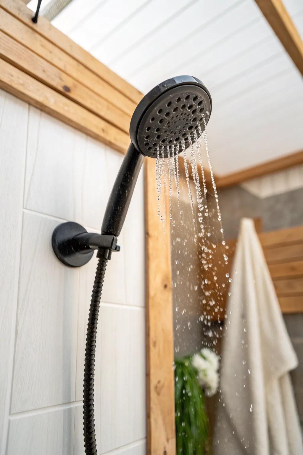 Navy shower made easy: a shutoff sprayer for quick wet–soap–rinse in tiny van bathrooms.