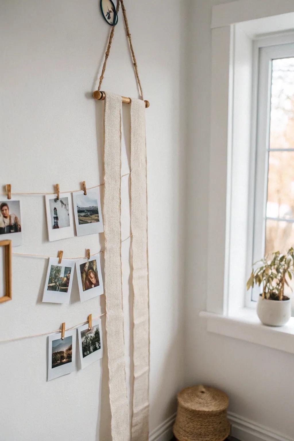 Ceiling-to-wall photo ribbon: a slim vertical memory wall that adds charm without taking space.