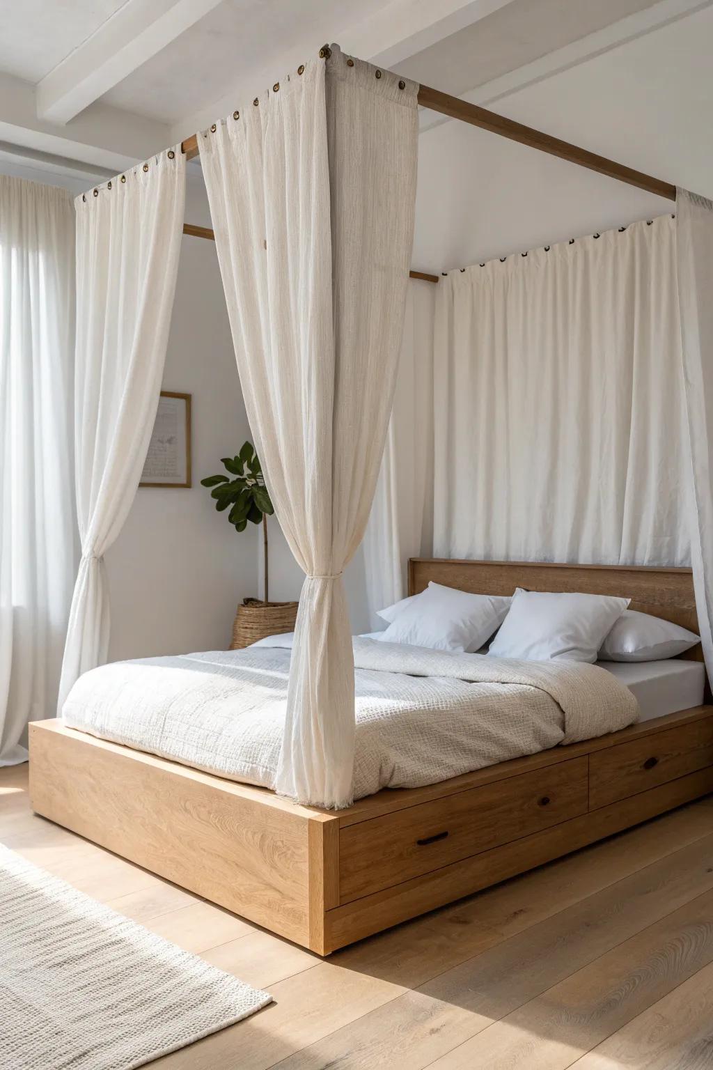 A wraparound curtain track turns your bed into a cozy sleeping box—instant studio privacy.