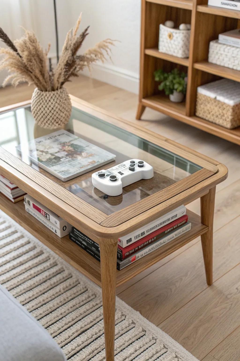 Turn your coffee table into a mini gallery—glass-top storage that shows off games beautifully.