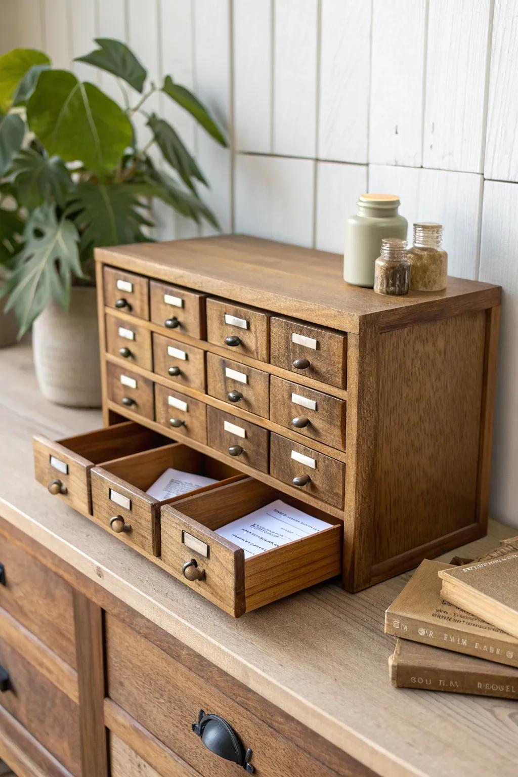 Vintage card catalog drawers turn tiny compartments into chic, next-level sorting for small spaces.