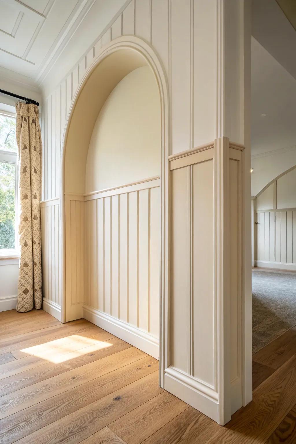Curved arch board-and-batten paneling that adds custom charm and softens tight corners.